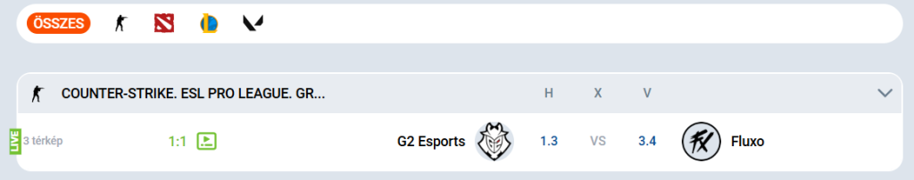 Élő sportfogadás panel a Mostbet weboldalán