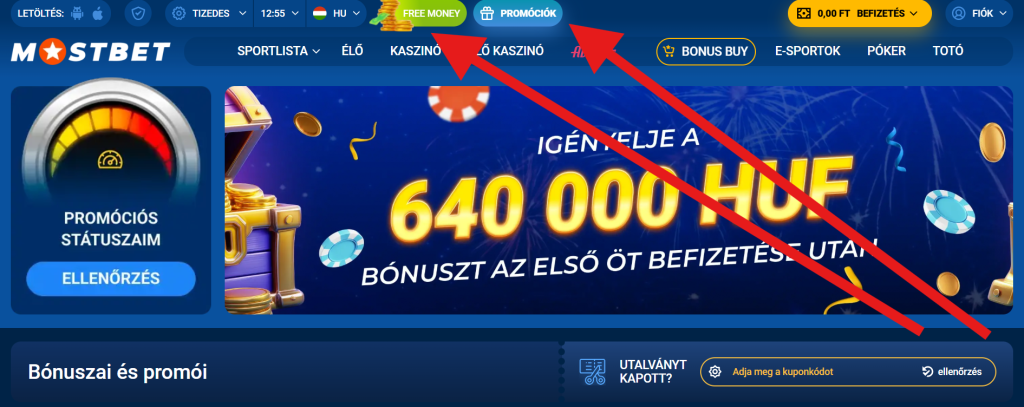 Promóciós oldal a Mostbet magyar weboldalon, üdvözlő ajánlat kiemelve