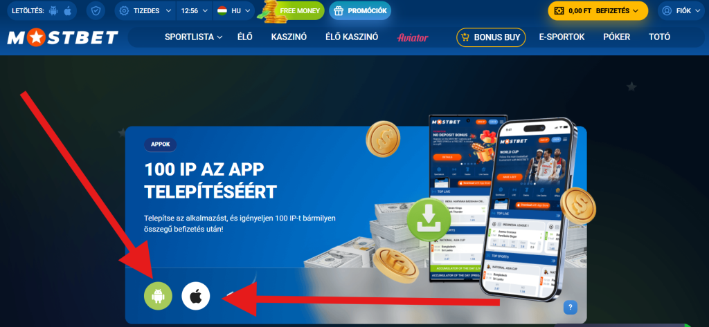 Mostbet mobilalkalmazás főképernyő Androidon